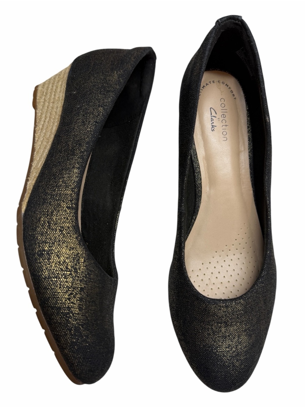Clarks Collection Mallory Luna Metallic Sparkle Canvas Wedges Espadrille Shoes